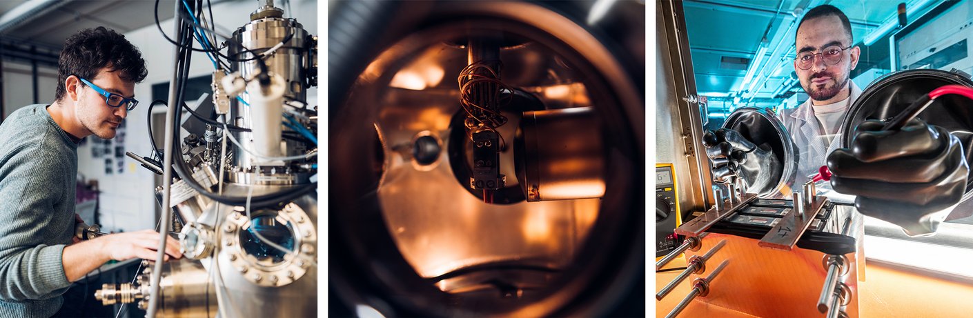 Drei zusammengeschnittene Bilder zeigen Eindrücke des Studiengangs Energie und Materialphysik