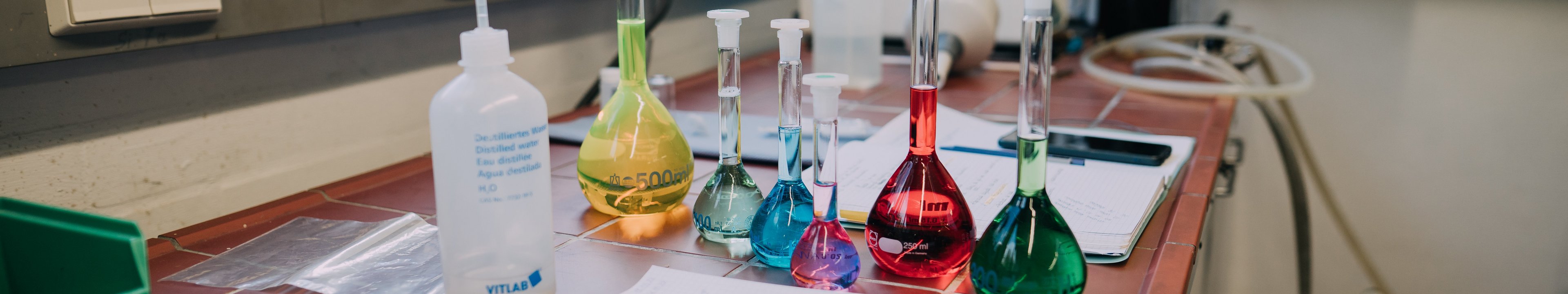 Reagenzgläser mit bunten Flüssigkeiten stehen im Labor.