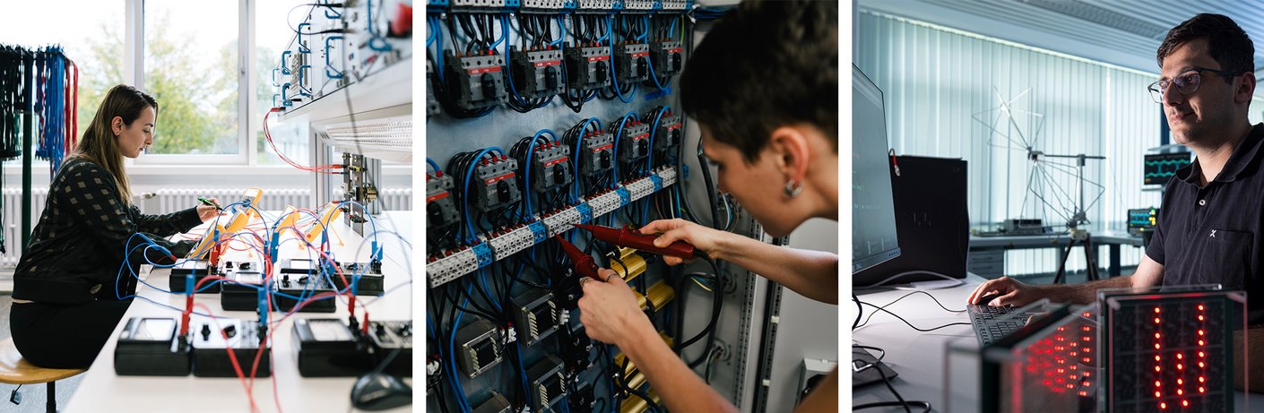 Drei Zusammengeschnittene Bilder zeigen Eindrücke des Studiengangs Nachhaltige Energietechnik und -systeme