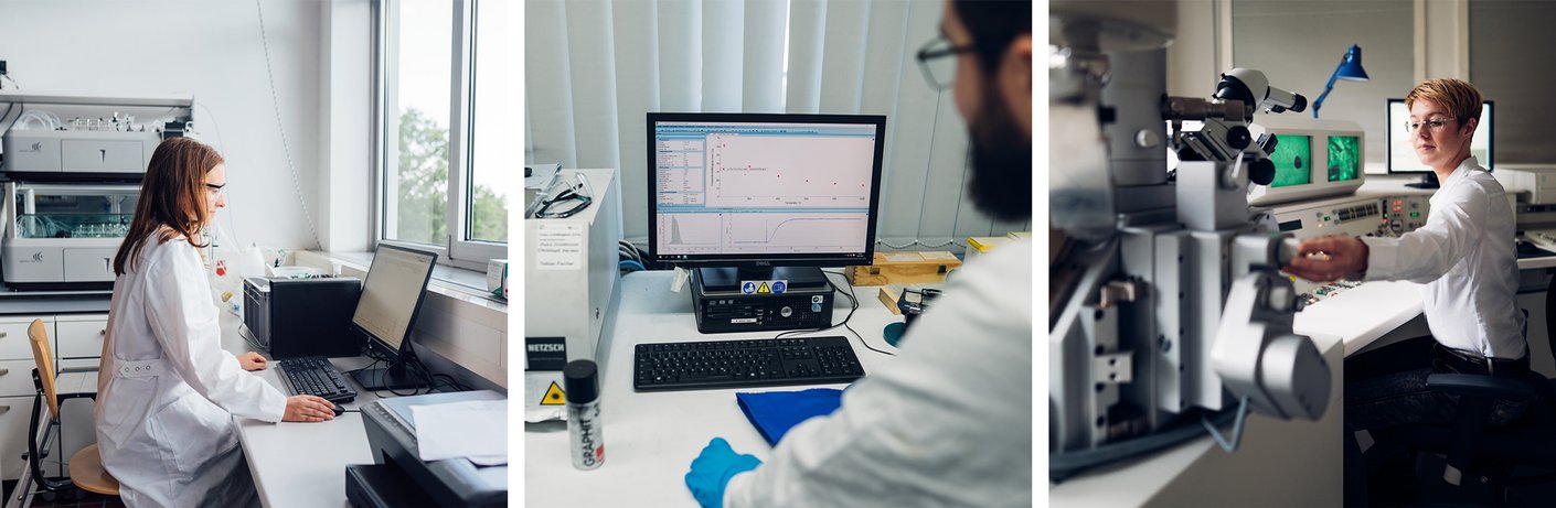 Drei zusammengeschnittene Bilder zeigen Eindrücke des Studiengangs Wirtschaftschemie
